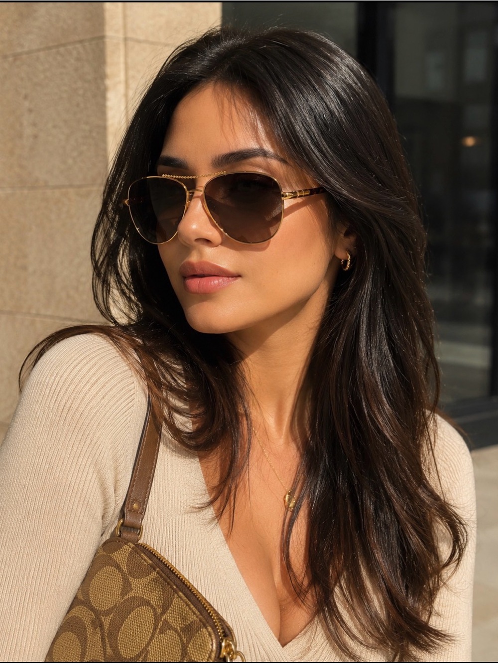 New Coach Gold Frame Brown Gradient Aviator Sunglasses with Signature Case